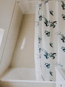 baño con ducha con cortina blanca en Vila Del Linz, en Liubliana