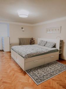 1 dormitorio con 1 cama grande con alfombra en Vila Del Linz en Liubliana