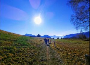 two people walking down a dirt road in a field at Chalet Tre Santelle in Bossico