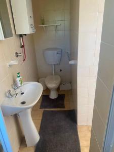 Un baño pequeño con inodoro y lavabo. en Shades of grey, en Oudtshoorn
