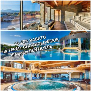 uma colagem de duas fotos de um hotel com piscina em Domek Góralski Niedźwiedzia Gawra em Poronin
