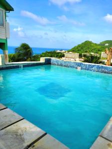 格羅斯島的住宿－BeachFront Villa，一个蓝色的大型游泳池,背景是大海