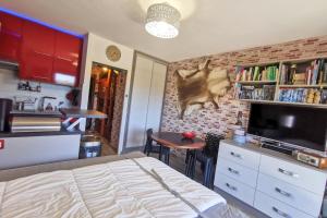 a bedroom with a bed and a table and a tv at Cozy apartment "WAPITI" at the foot of the slopes in Les Déserts