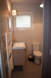 ein Bad mit einem Waschbecken, einem WC und einem Fenster in der Unterkunft bel appartement en pierre de 88 M2 charme d’antan in Margaux