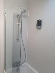 a shower with a glass door in a bathroom at Trinity, Central Cambridge Flat in Cambridge