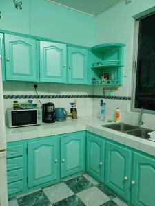 a kitchen with blue cabinets and a sink at Résidence Lennards 2 in Grand-Baie
