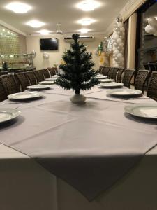 a christmas tree on a long table with chairs at POUSADA MINEIRA in Águas de São Pedro +289 photos