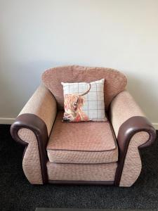 a dog sitting on a couch with a pillow at The Heilan' Coo Apartment in Helensburgh