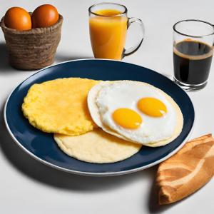 two fried eggs on a blue plate with two glasses of orange juice at Hotel Vivero Arte Vivo I Quindío I Eje Cafetero in La Tebaida