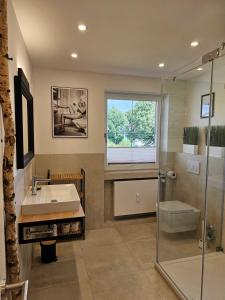 a bathroom with a sink and a shower at Ferienwohnung Messinger in Seebruck