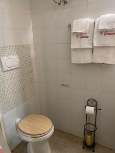 a bathroom with a toilet and towels on the wall at Casa vacanze Il Geranio in Celleno