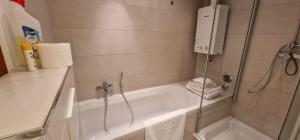 a bathroom with a shower and a bath tub at Bestlage Westend-Süd für Messe und City in Frankfurt/Main