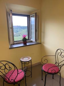 2 chaises et 2 tables dans une chambre avec fenêtre dans l'établissement Casa vacanze Il Geranio, à Celleno