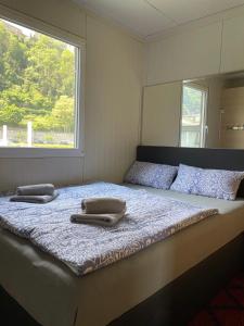 a bed with two pillows on it with a window at Hausboot im Hafen in Sankt Goar