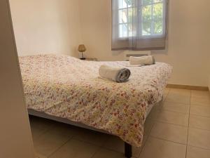 - une chambre avec un lit, une couverture et une fenêtre dans l'établissement Paisible maison proche Chambord, à Beaugency