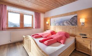 a bedroom with a bed with pink pillows on it at Bergsonnhof in Jerzens