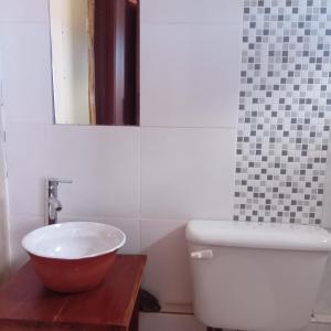 a bathroom with a sink and a toilet and a mirror at Cabaña Cachi in Cachí