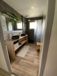 ein Bad mit einem Waschbecken und einem Spiegel in der Unterkunft La casa de Valentin in Yvrac