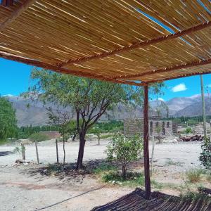 a view of a desert with a tree and mountains at Cabaña Cachi in Cachí