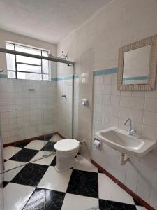 a bathroom with a toilet and a sink at Hotel Bandeirantes de SJBV in São João da Boa Vista