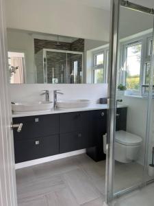 a bathroom with a sink and a toilet and a mirror at Stunning home with magnificent views in East Devon in Exeter