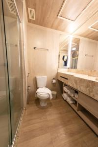 a bathroom with a toilet and a shower and a sink at Spa do Vinho Condomínio Vitivinícola in Bento Gonçalves