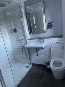 a bathroom with a toilet and a sink and a shower at The Angler, Oakham in Oakham