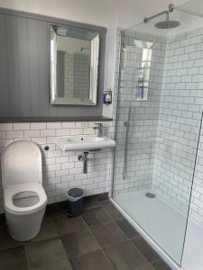 a bathroom with a toilet and a sink and a shower at The Angler, Oakham in Oakham