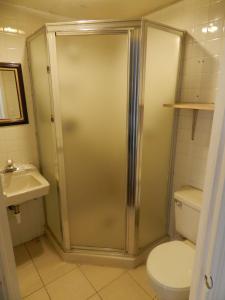 a bathroom with a shower with a toilet and a sink at Seagem Motel and Apartments in Seaside Heights