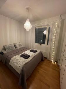 een slaapkamer met een bed, een raam en een kroonluchter bij Adorable Arctic Apartment with sauna in Rovaniemi