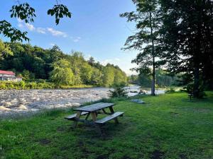 een picknicktafel in het gras naast een rivier bij Birdie's Nest 2446 in Au Sable Forks