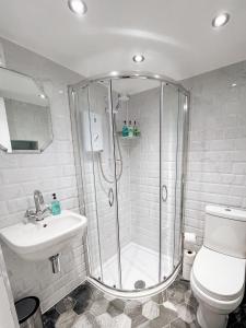ein Bad mit einer Dusche, einem WC und einem Waschbecken in der Unterkunft Otterburn House in Rothesay