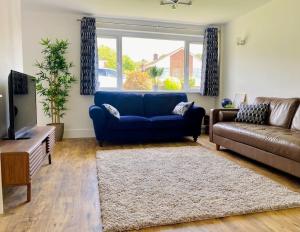 a living room with a blue couch and a television at Tranquil Bridge Escape in Canterbury
