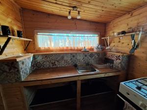 a kitchen with a sink and a window in a cabin at Lélek lak faház in Debrecen