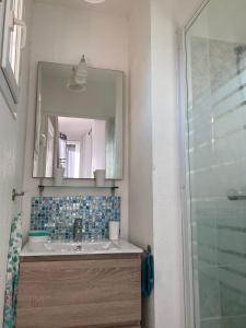 a bathroom with a sink and a mirror and a shower at Villa climatisée calme avec piscine partagée Saint AYGULF/FREJUS in Saint-Aygulf