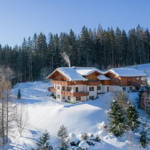 a log home in the snow with snow at Landhaus Bellevue in Ramsau am Dachstein