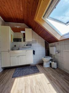 a bathroom with a toilet and a skylight at Ferienwohnung Siggi in Hardt