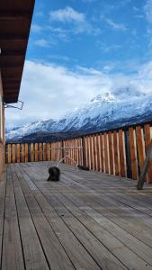 a cat laying on a wooden deck with a snow covered mountain at Cabañas y Restaurante Ruta 7 sur in Villa Cerro Castillo