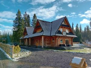 a log cabin with a black roof at Zacny Lasek in Poronin