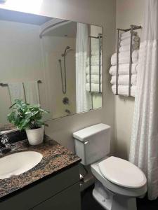 a bathroom with a toilet and a sink and a shower at San Diego Gaslamp Loft Getaway in San Diego