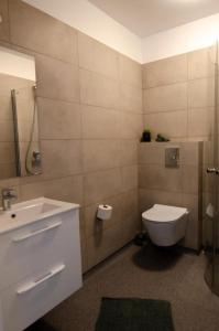 a bathroom with a toilet and a sink at Stracta Apartments in Kirkjubæjarklaustur