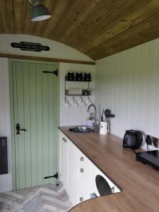 a kitchen with a sink and a green door at Braeside Shepherd's Hut - Greenhead - Hadrian's Wall - Northumberland in Greenhead