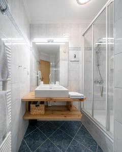 a bathroom with a sink and a shower at Landhaus Bellevue in Ramsau am Dachstein