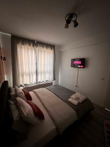 um quarto com uma cama e uma televisão na parede em MONCLER Family em Brasov