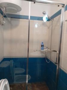 a bathroom with a glass shower with a toilet at Elio's Holiday Home in Pogradec
