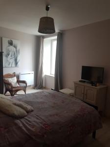 een slaapkamer met een groot bed en een televisie bij Maison de bourg, comme a la maison ! in Cheviré-le-Rouge