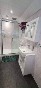 ein Badezimmer mit einem weißen Waschbecken und einer Dusche in der Unterkunft River Cottage in Stoke Ferry