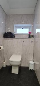 a bathroom with a white toilet and a window at River Cottage in Stoke Ferry