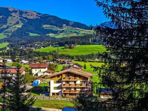 a resort on a hill with green hills and trees at KITZALPEN Pension in Hollersbach im Pinzgau