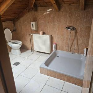 a bathroom with a bath tub and a toilet at Restoran Domaćin in Bosanski Novi